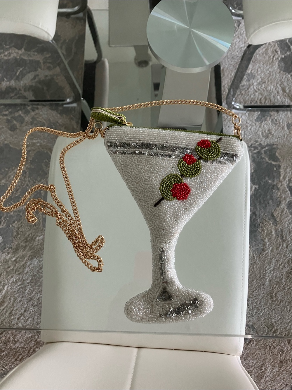 Beaded Martini Glass Crossbody Bag with Olive Accent